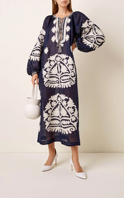 Shop Vita Kin Shalimar Embroidered Linen Midi Dress In Navy