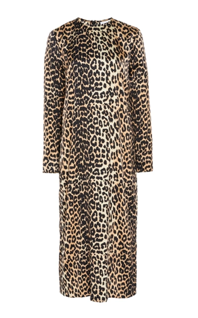 Shop Ganni Leopard-print Silk-blend Satin Midi Dress In Animal