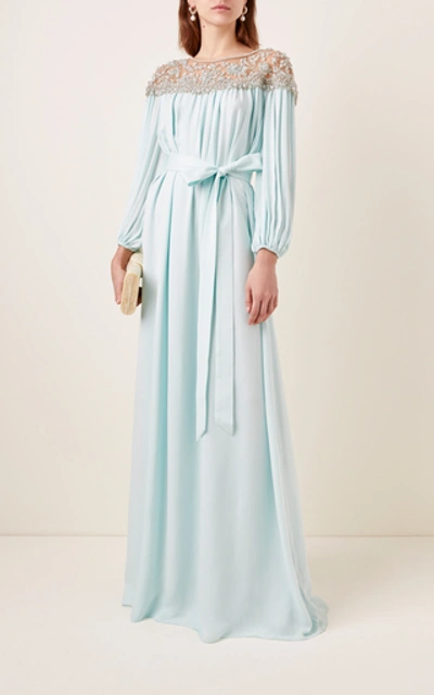 Shop Marchesa Crystal And Pearl Embellished Silk-georgette Caftan Dress In Blue