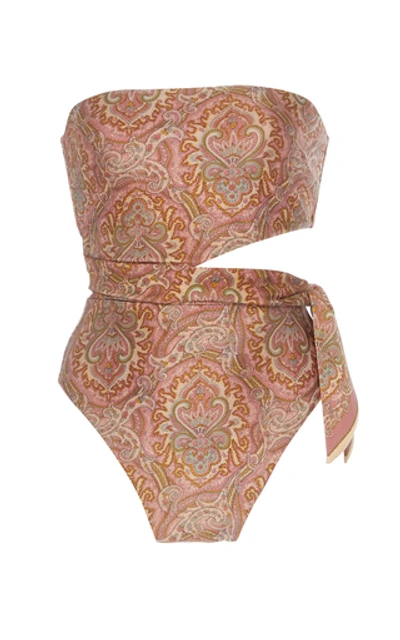 Shop Zimmermann Freja Cutout Paisley-print Swimsuit In Pink