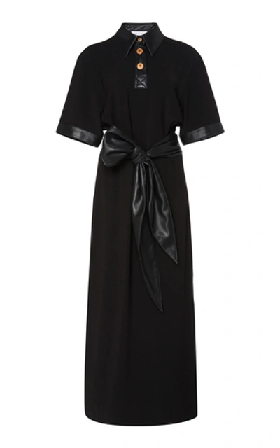 Shop Nanushka Leila Tie-front Vegan Leather-trimmed Crepe Dress In Black