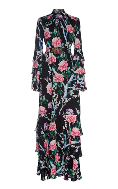Shop Andrew Gn Tiered Floral-print Silk Maxi Dress In Black