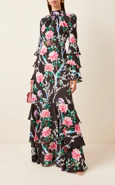 Shop Andrew Gn Tiered Floral-print Silk Maxi Dress In Black