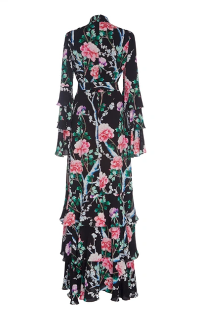 Shop Andrew Gn Tiered Floral-print Silk Maxi Dress In Black