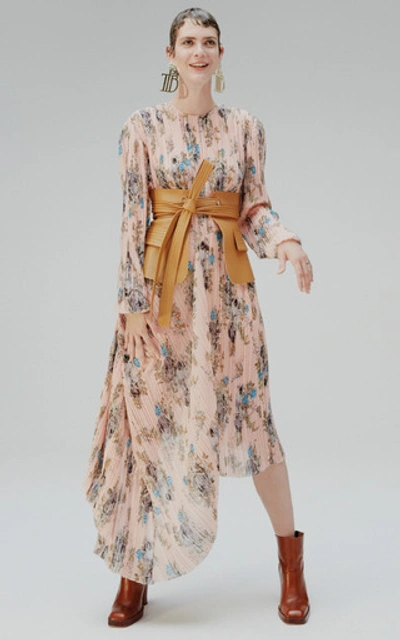 Shop Preen By Thornton Bregazzi Delaney Draped Floral-print Plissé Midi Dre In Pink