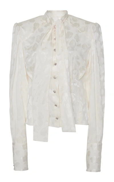 Shop Dolce & Gabbana Floral Jacquard Tie Neck Button-up Blouse In White