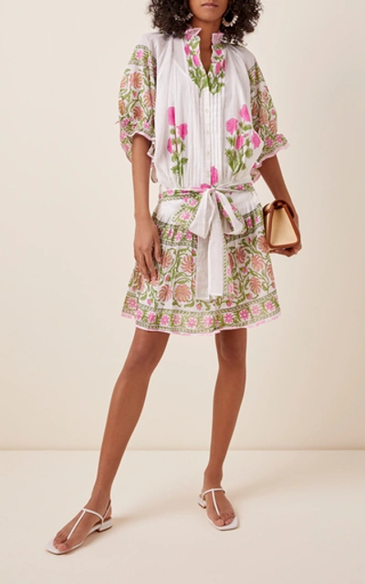 Shop Juliet Dunn Belted Floral-print Cotton Mini Dress In White