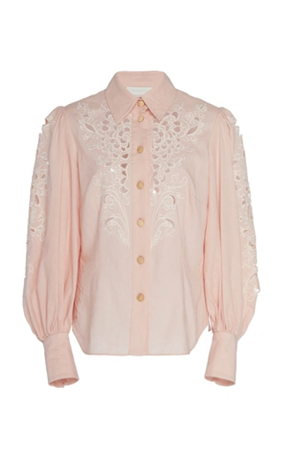 Shop Zimmermann Broderie Anglaise Linen Shirt In Pink