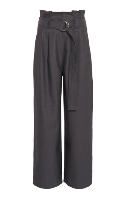 Shop Ganni Belted Cotton-blend Wide-leg Pants In Grey