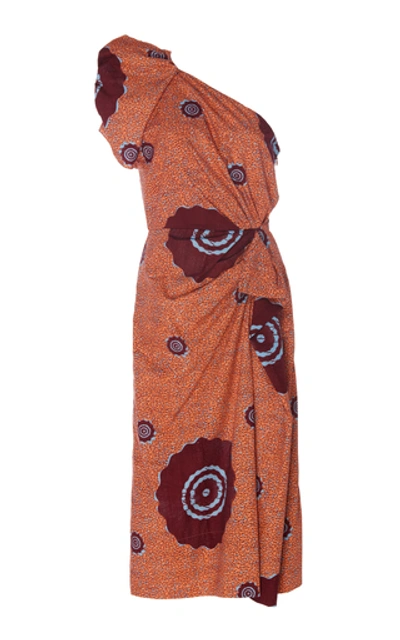 Shop Ulla Johnson Idra One-shoulder Printed Cotton-poplin Midi Dress In Orange