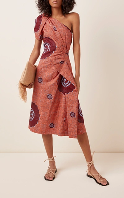 Shop Ulla Johnson Idra One-shoulder Printed Cotton-poplin Midi Dress In Orange