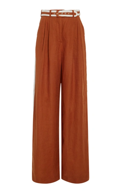 Shop Zimmermann Belted Linen Wide-leg Pants In Brown