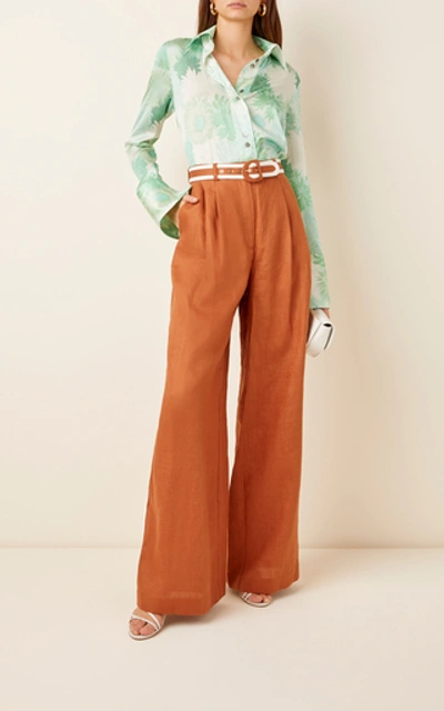 Shop Zimmermann Belted Linen Wide-leg Pants In Brown