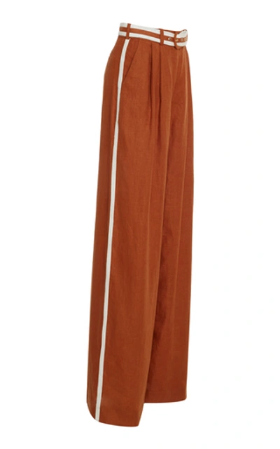 Shop Zimmermann Belted Linen Wide-leg Pants In Brown