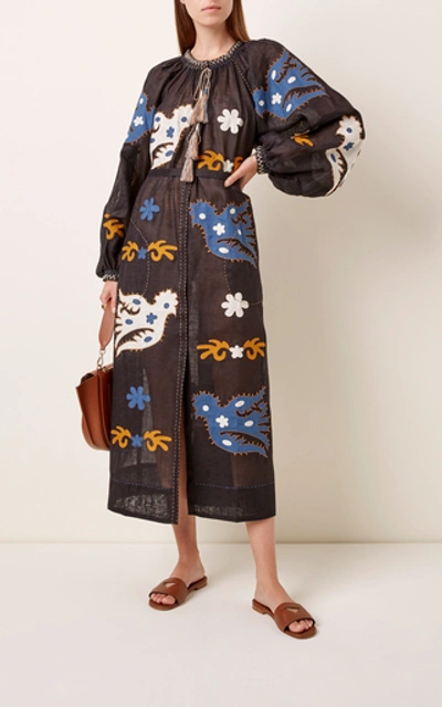Shop Vita Kin Parrot Appliquéd Embroidered Linen Midi Dress In Black