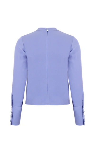 Shop Amal Al Mulla Blue Crepe Rushed Fitted Top With Aquamarine Stone Detai