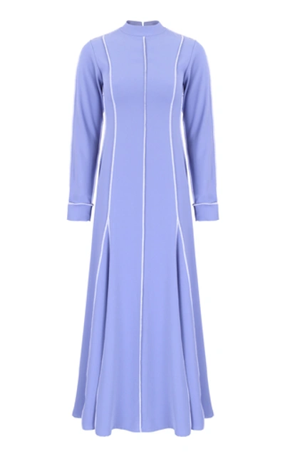Shop Amal Al Mulla Blue Crepe Midi Overlock Striped Dress
