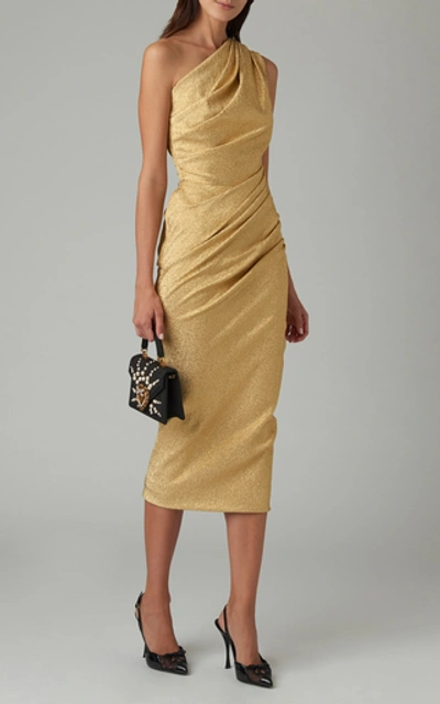 Shop Dolce & Gabbana One-shoulder Ruched Silk-blend Lurex Midi Dress In Gold