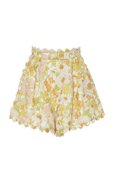 Shop Zimmermann Scalloped Floral-print Linen Shorts In Multi