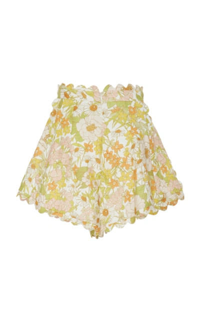Shop Zimmermann Scalloped Floral-print Linen Shorts In Multi