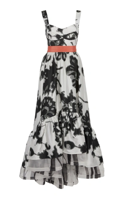 Shop Silvia Tcherassi Elvira Satin-trimmed Floral-print Silk-chiffon Midi D In White