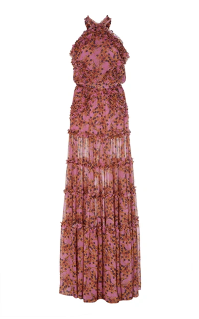 Shop Alexis Genevra Ruffled Printed Georgette Maxi Dress In Pink