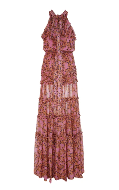 Shop Alexis Genevra Ruffled Printed Georgette Maxi Dress In Pink