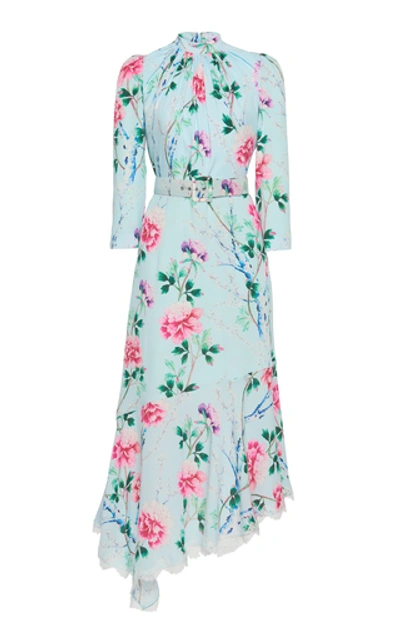 Shop Andrew Gn Asymmetric Floral Silk Midi Dress In Blue