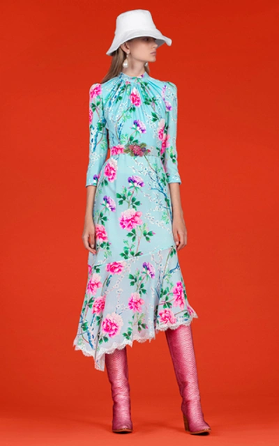 Shop Andrew Gn Asymmetric Floral Silk Midi Dress In Blue