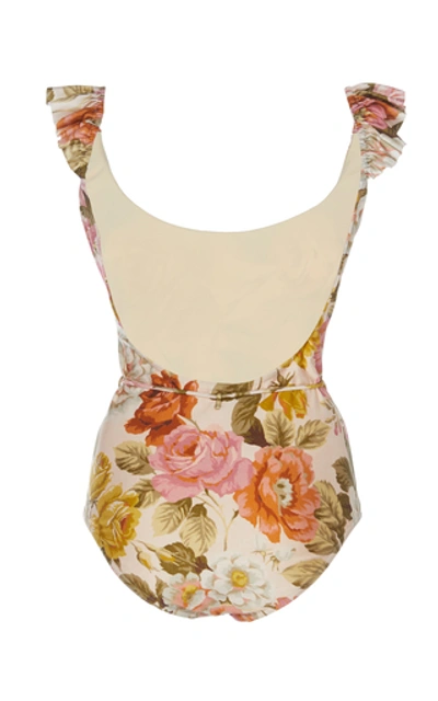 Shop Zimmermann Bonita Ruffled Floral-print Swimsuit In Neutral