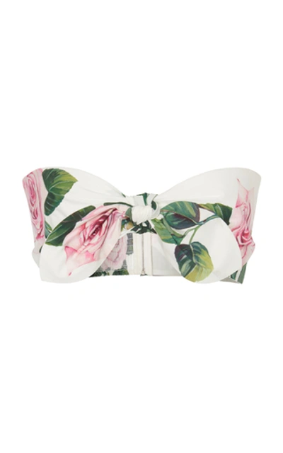 Shop Dolce & Gabbana Tie-front Floral-print Cotton-poplin Bandeau Top In White