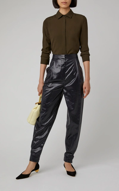 Shop Tibi Pleated Shell Tapered Pants In Navy