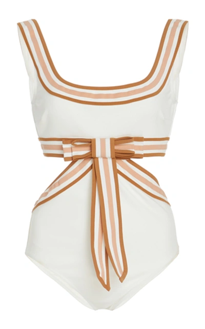 Shop Zimmermann Grosgrain-trimmed Bow-embellished Silk Swimsuit In White