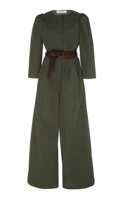 Shop Sea Belted Cotton-twill Wide-leg Jumpsuit In Green
