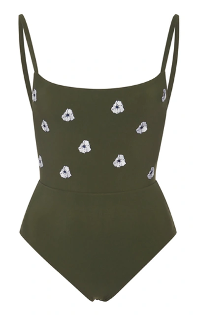 Shop Anemone Floral-embroidered Open Back Swimsuit In Green
