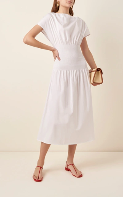 Shop Anna Quan Emma-kate Shirred Cotton-poplin Midi Dress In White