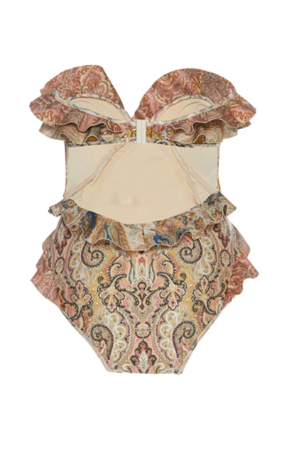 Shop Zimmermann Freja Ruffled Printed Swimsuit In Neutral