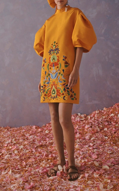 Shop Carolina Herrera Women's Embroidered Silk-poplin Mini Dress In Yellow