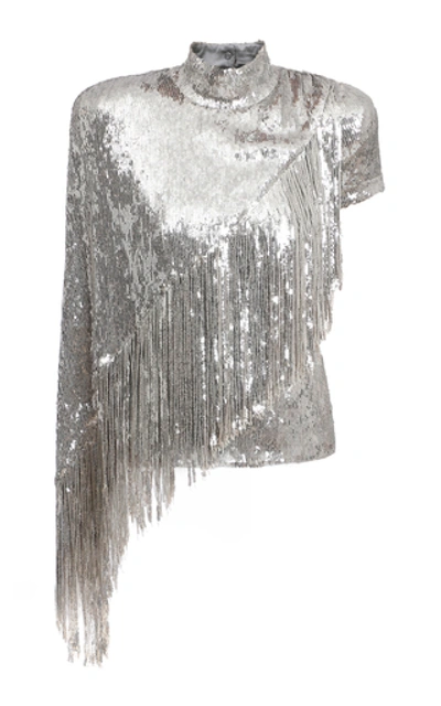 Shop Balmain Fringed Asymmetric Sequined Top In Silver