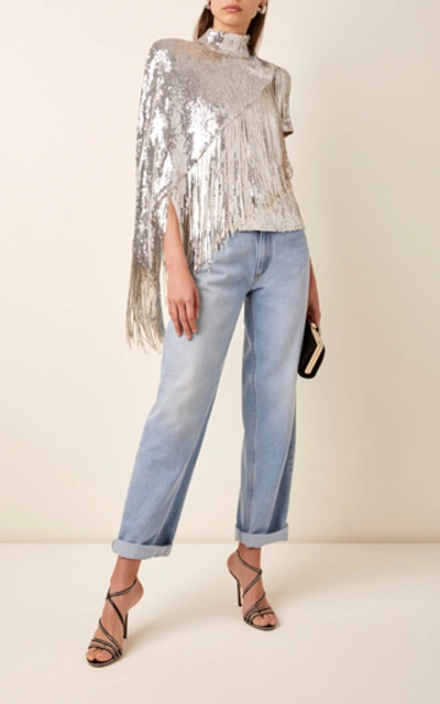 Shop Balmain Fringed Asymmetric Sequined Top In Silver