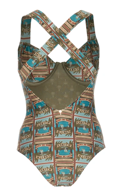 Shop Água De Coco Printed Crossover Strap One-piece Swimsuit