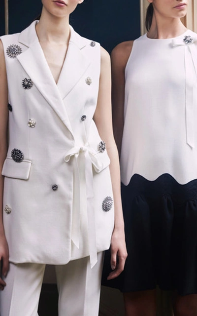 Shop Lela Rose Crystal-embellished Wool-blend Vest In Black