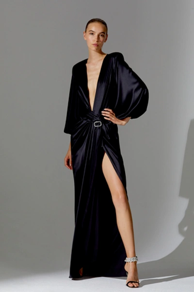 Shop Alexandre Vauthier Draped Belted Silk-blend Dress In Black