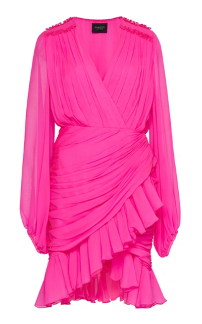 Shop Giambattista Valli Ruched Neon Silk-chiffon Mini Dress In Pink