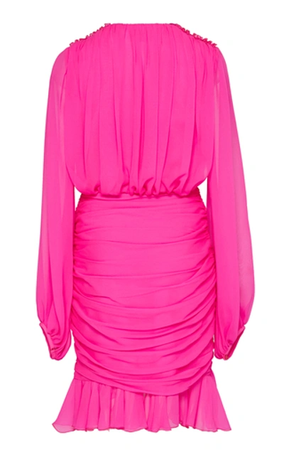 Shop Giambattista Valli Ruched Neon Silk-chiffon Mini Dress In Pink