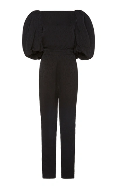 Shop Johanna Ortiz Tie-back Satin Floral-jacquard Jumpsuit In Black