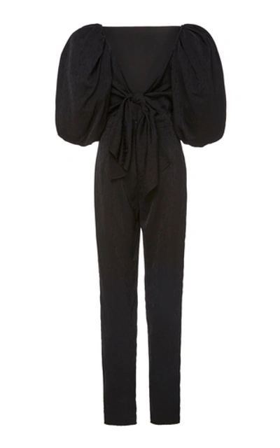 Shop Johanna Ortiz Tie-back Satin Floral-jacquard Jumpsuit In Black