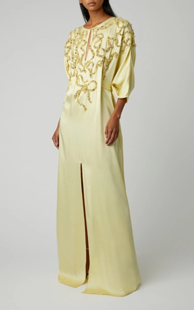 Shop Marchesa Embellished Crepe De Chine Caftan Dress In Yellow
