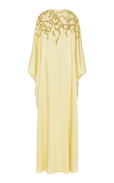 Shop Marchesa Embellished Crepe De Chine Caftan Dress In Yellow