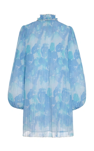 Shop Ganni Pleated Georgette Mini Dress In Blue